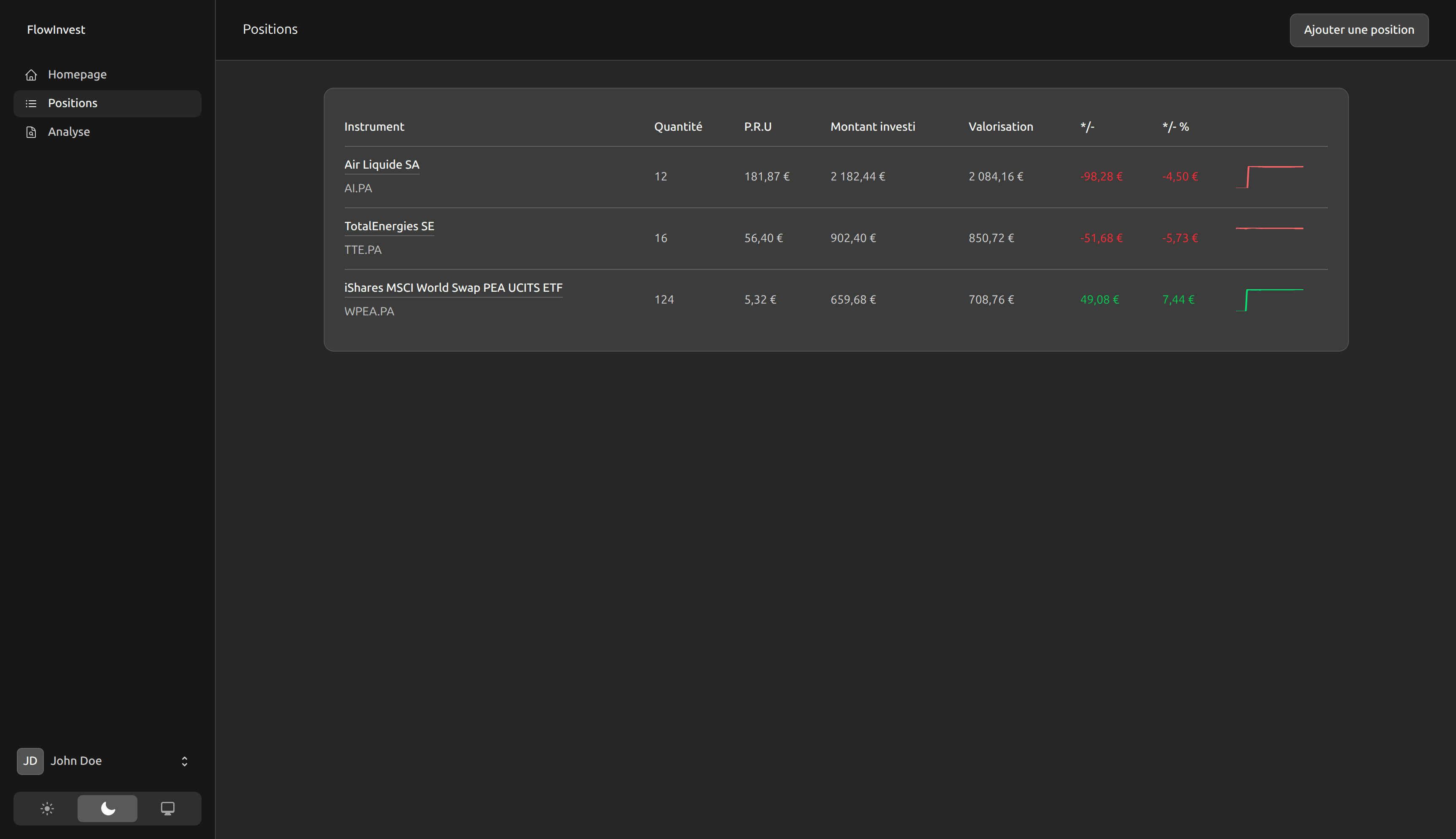 Liste des positions - thème sombre