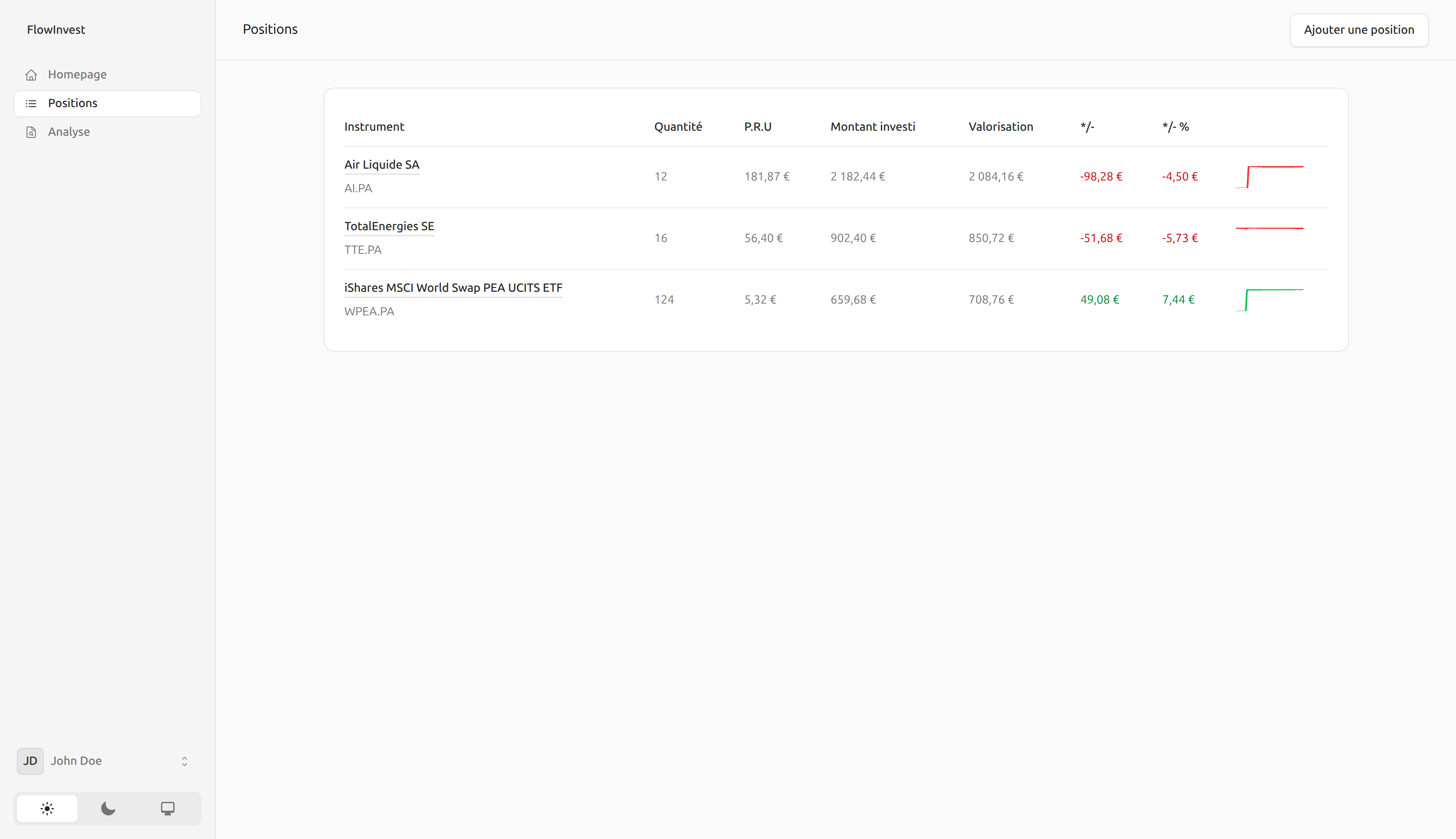 Liste des positions - thème clair